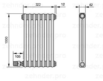 Схема (чертеж) Радиатор Zehnder Charleston 2100/7 №V003 Белый глянцевый RAL 9016